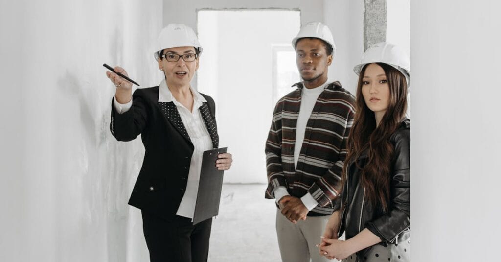 A diverse group of adults in hard hats touring a building site with a realtor.